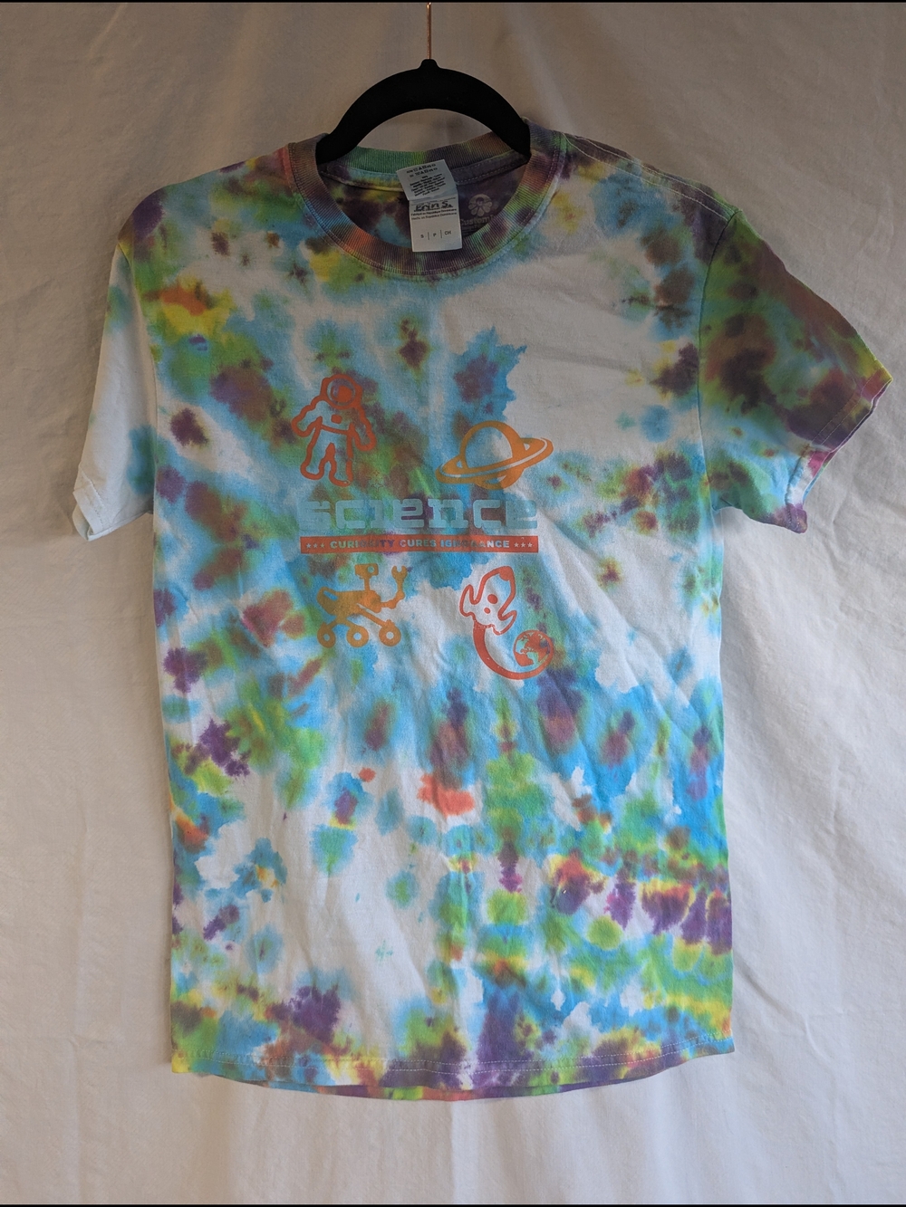 🌈 Science Tie-Dye Graphic Tee with Orange Space Icons